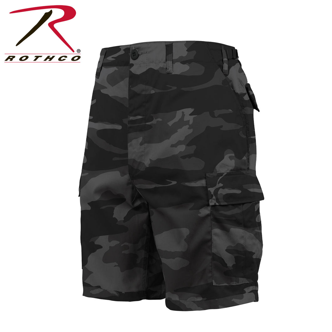 Picture of Rothco Black camo pattern shorts. Left facing photo with black and gray bdu camo pattern.
