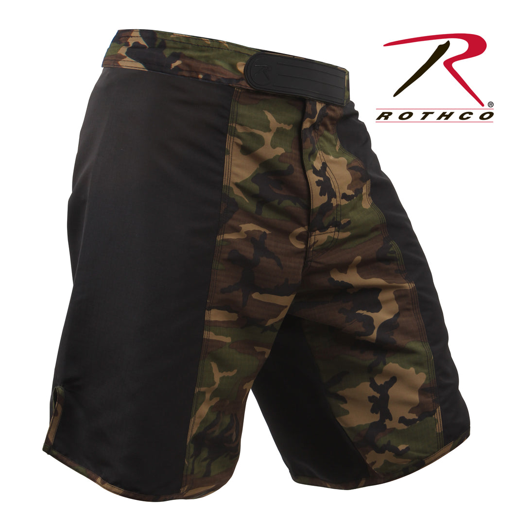 Photo of Rothco MMA fighting shorts Right facing photo. Woodland BDU camo Pattern with black side panels