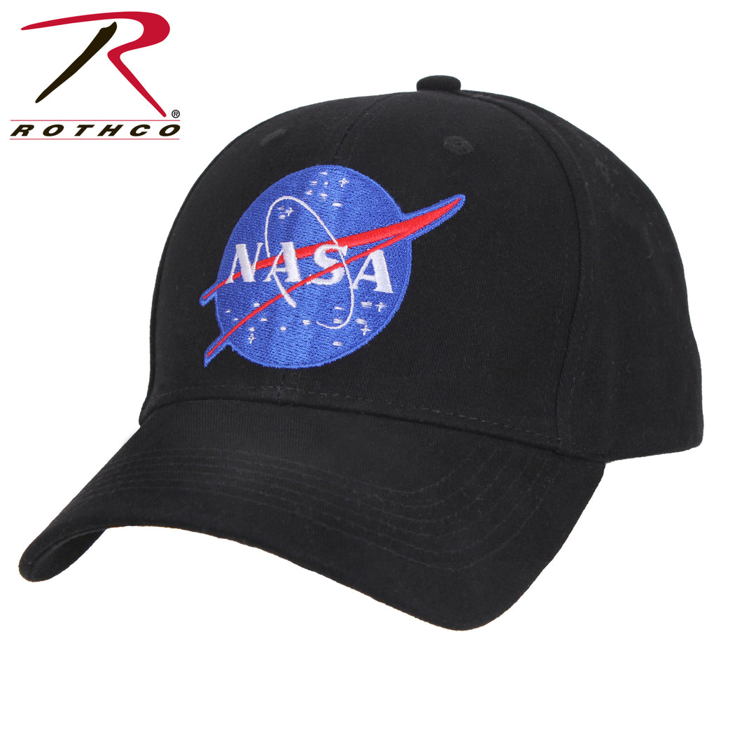 Picture of Rothco NASA Meatball hat.  Black hat with blue ball and Iconic symbol left facing picture