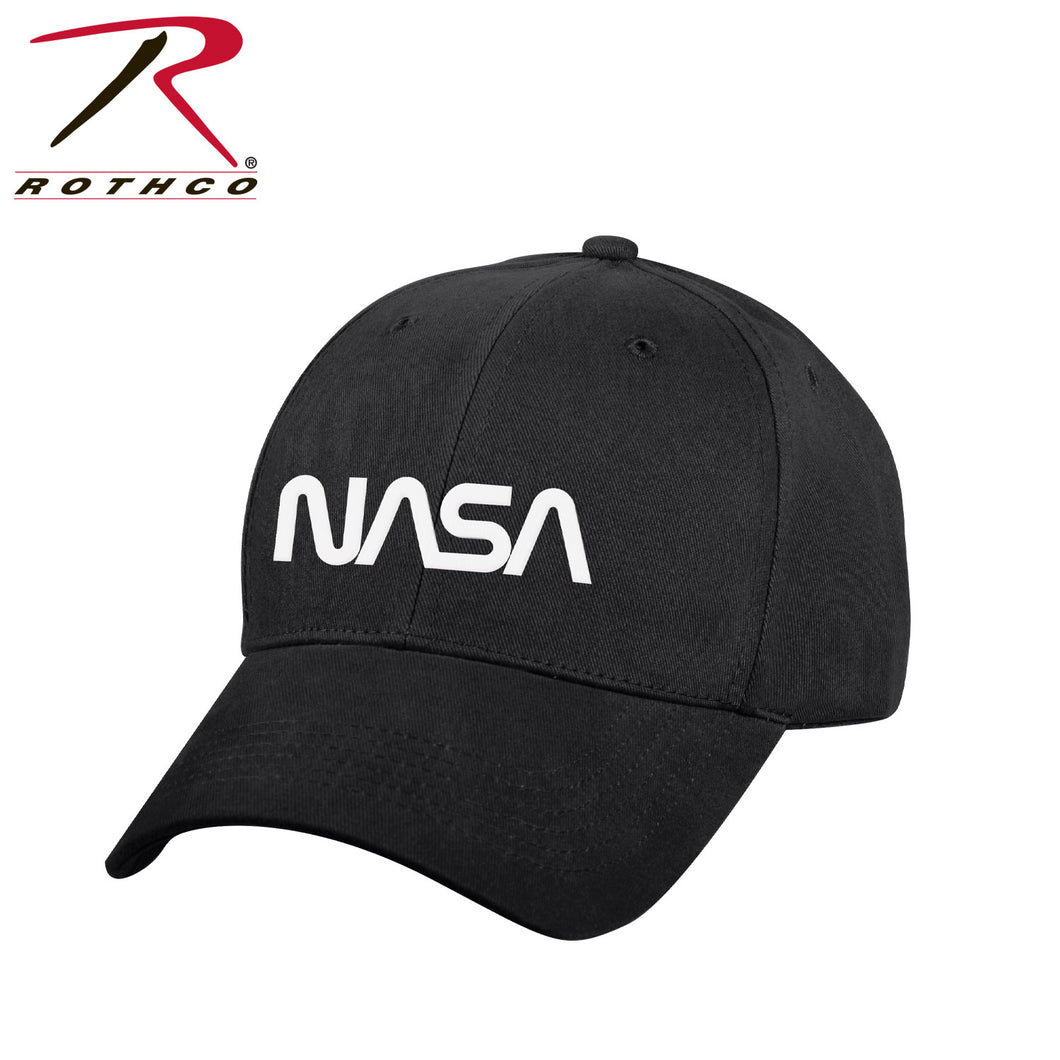 Picture Rothco's NASA Worm Logo hat.  Hat is black with white lettering and is left facing