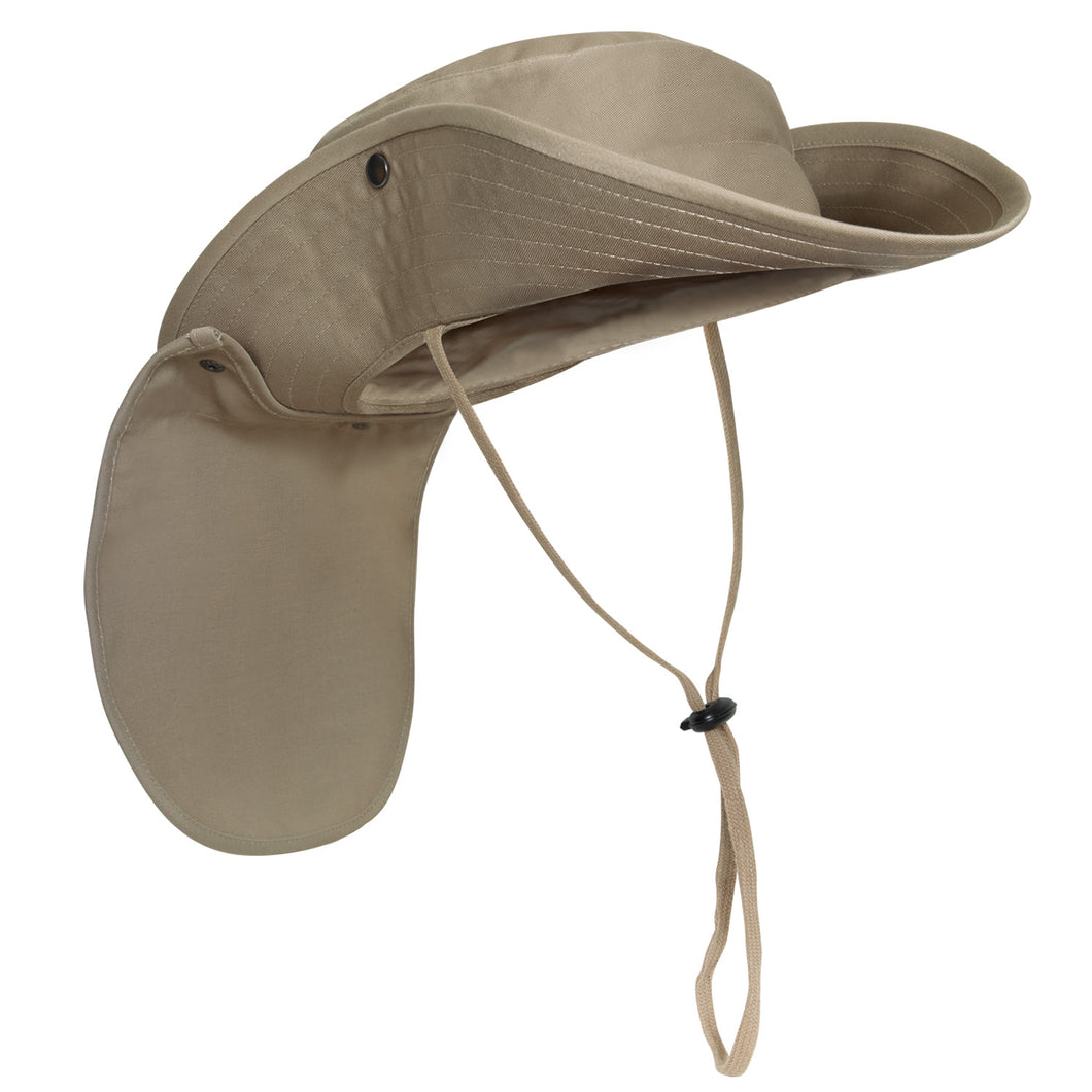 right side view of khaki boonie hat with neck cover