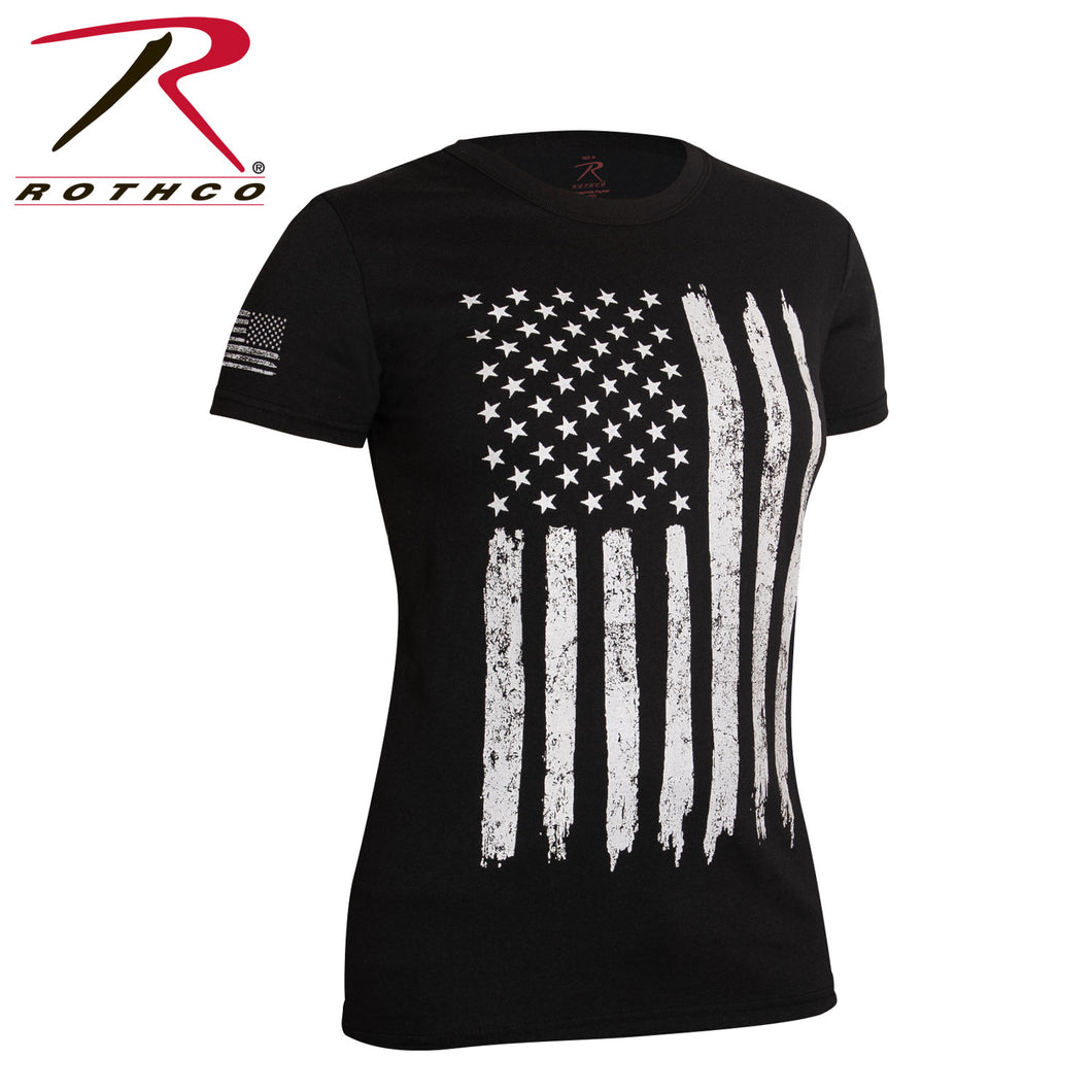 Photo of Rothcos womans Distressed Flag t-shirt. Right facing photo. black and white with distressed flag on the front and right shoulder flag