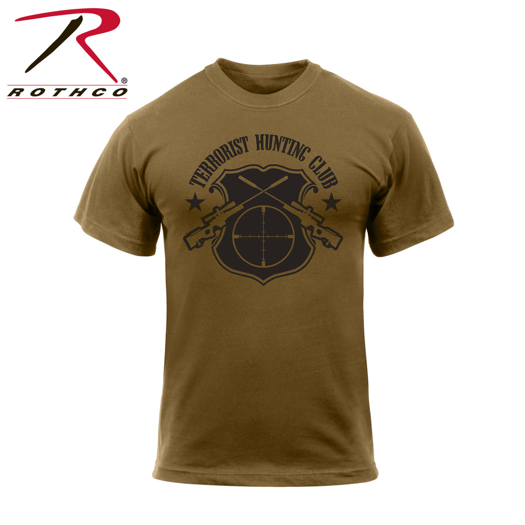 Picture of Rothco terrorist hunting club t-shirt with crossed rifles and target motif. Coyote brown. Forward facing