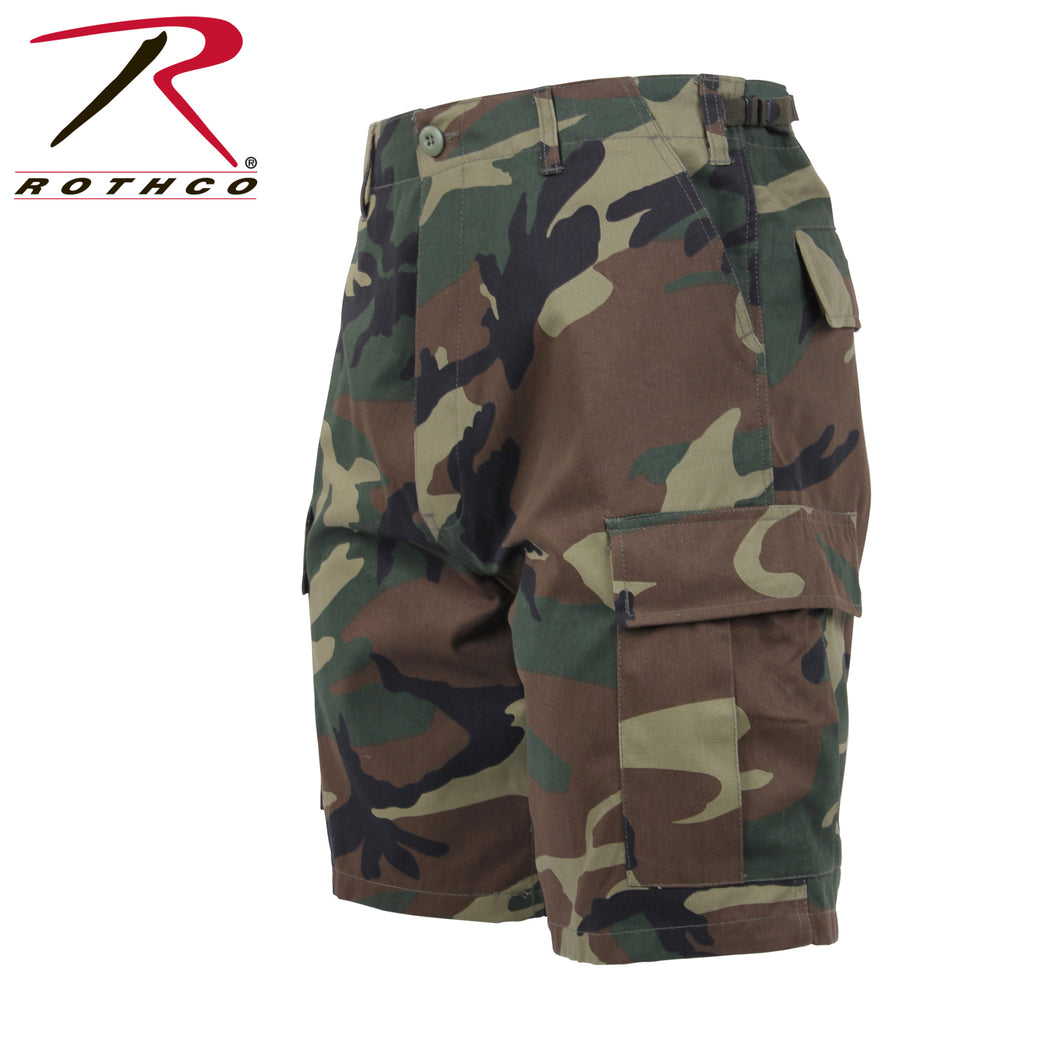Picture Rothco Woodland Camo BDU shorts left facing.  green, Brown and black camo pattern