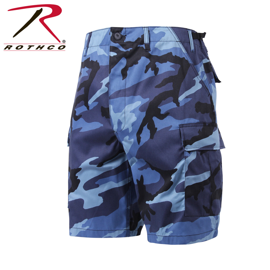 Picture of Rothco Sky Blue camo shorts left facing. combination of dark and light blue camo patterns