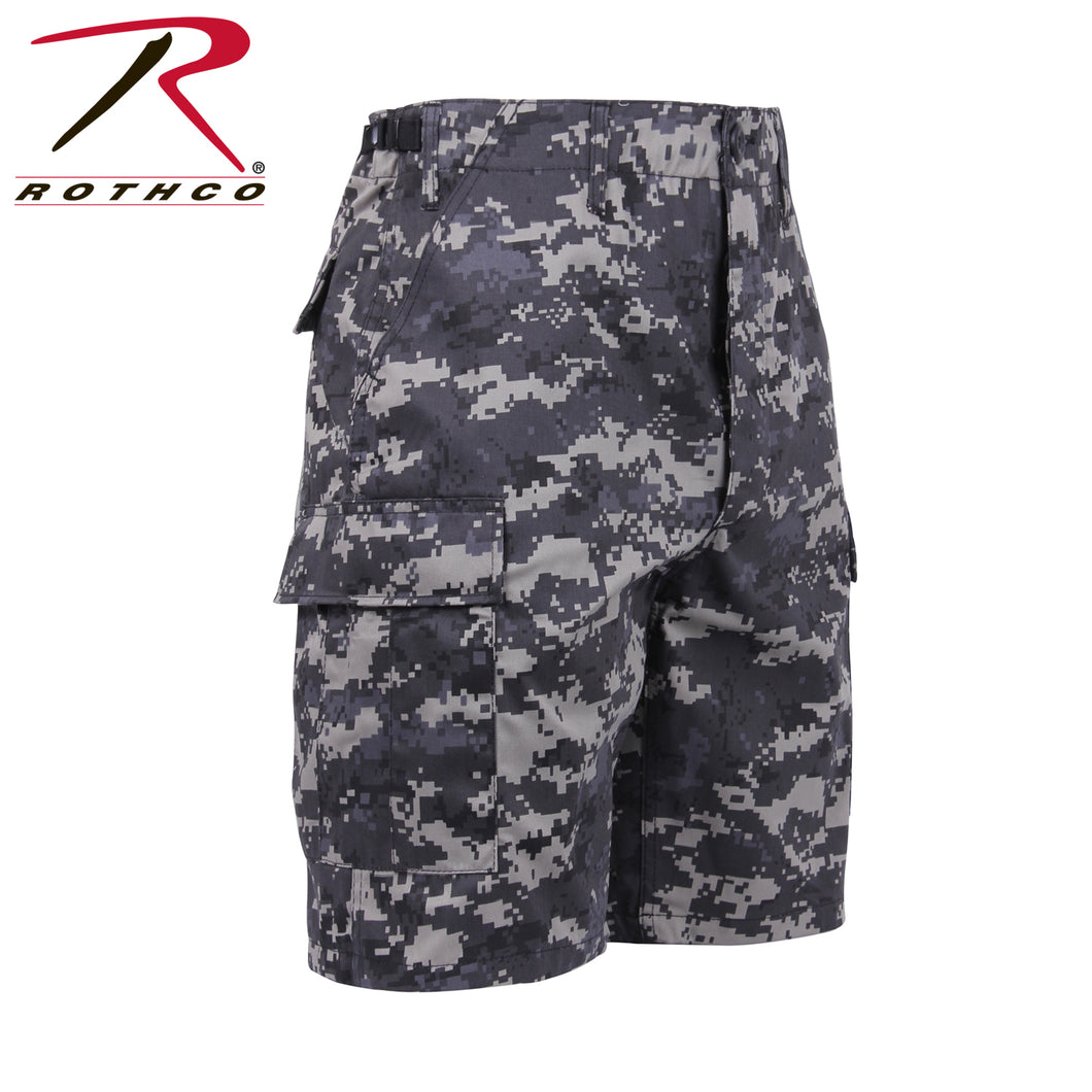 Picture Rothco Subdued Urban Digital Camo shorts facing right. Gray and black digital pattern
