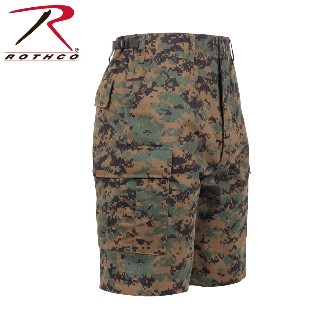 Picture of Rothco Woodland Digital Camo Shorts.  Right Facing view.  Black, green, and brown digital camo pattern