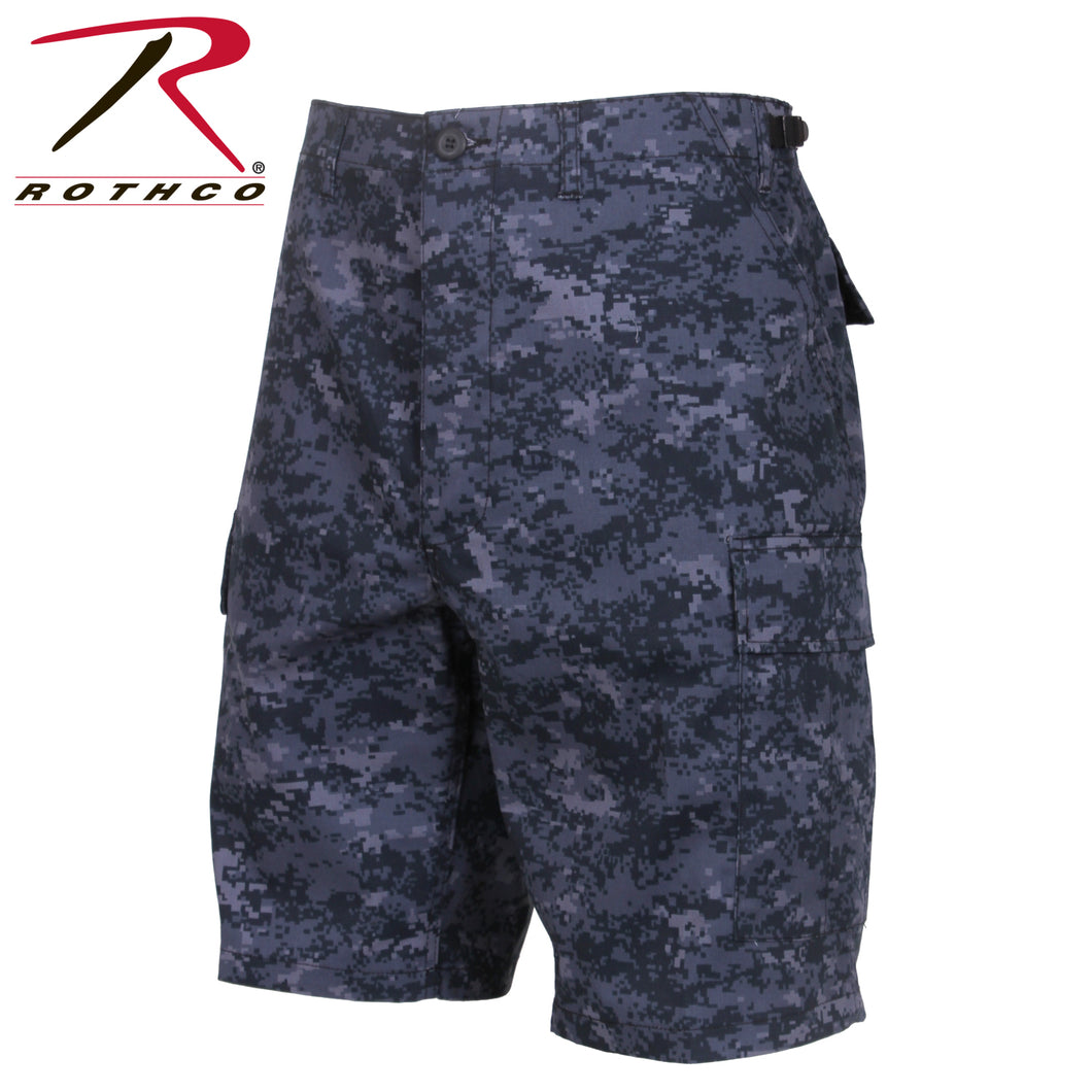 Picture Rothco Midnight Digital Camo shorts . dark and light blue digital camo pattern. Left facing photo