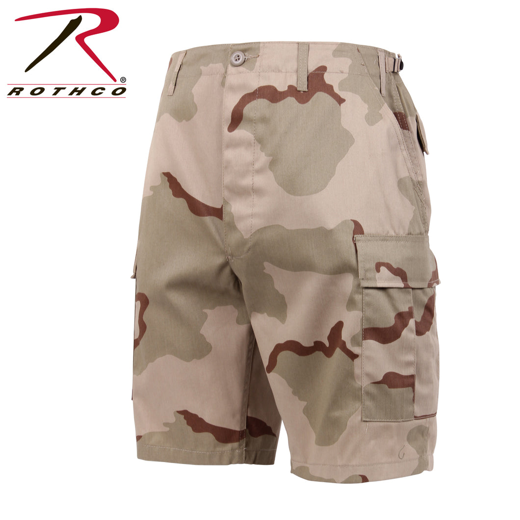 Picture Rothco tri-color desert shorts left facing. dark and light brown pattern