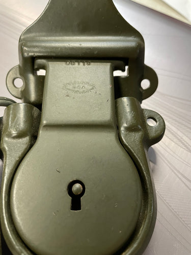 front view vintage military foot locker lock