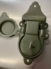 Load image into Gallery viewer, vintage military footlocker lock front view with key in the lock
