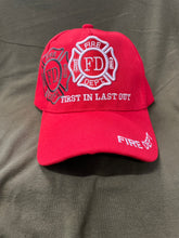 Load image into Gallery viewer, FRONT VIEW OF RED AND WHITE FIRE DEPT CAP
