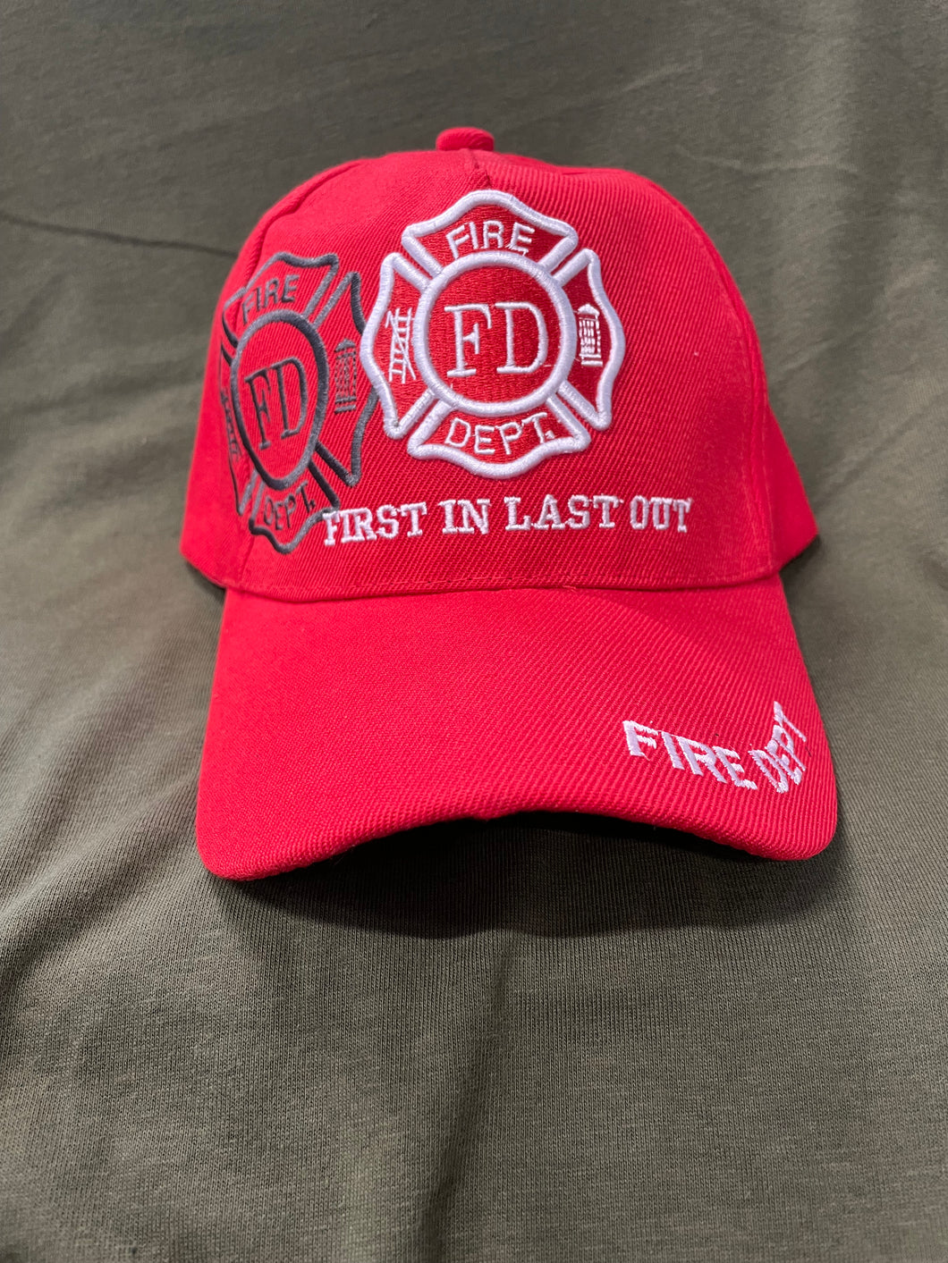 FRONT VIEW OF RED AND WHITE FIRE DEPT CAP