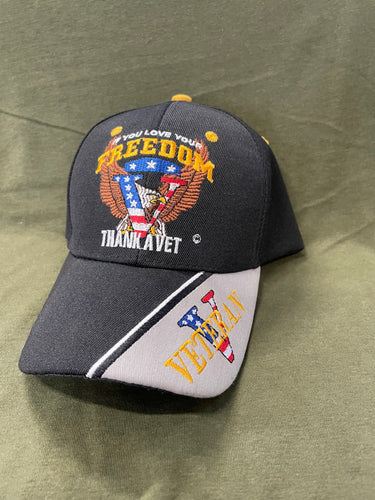 FRONT VIEW OF BLACK AND GRAY THANK A VET HAT