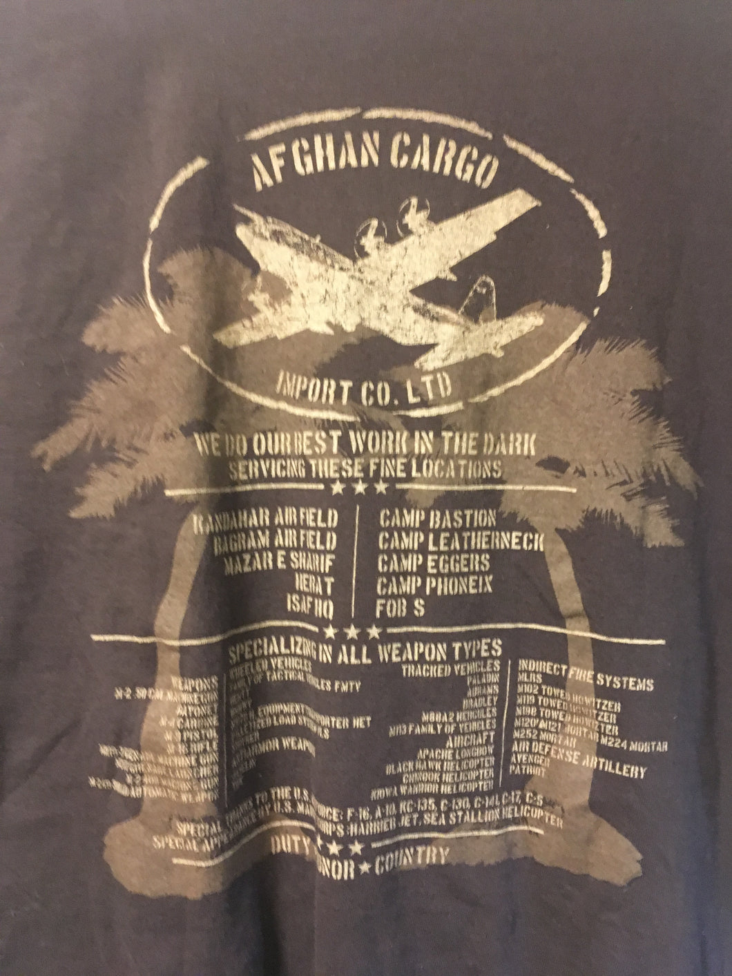 Rare Afghan Cargo Import Co./ Theater Specific, Unit T-shirt. Gently Used/ XL