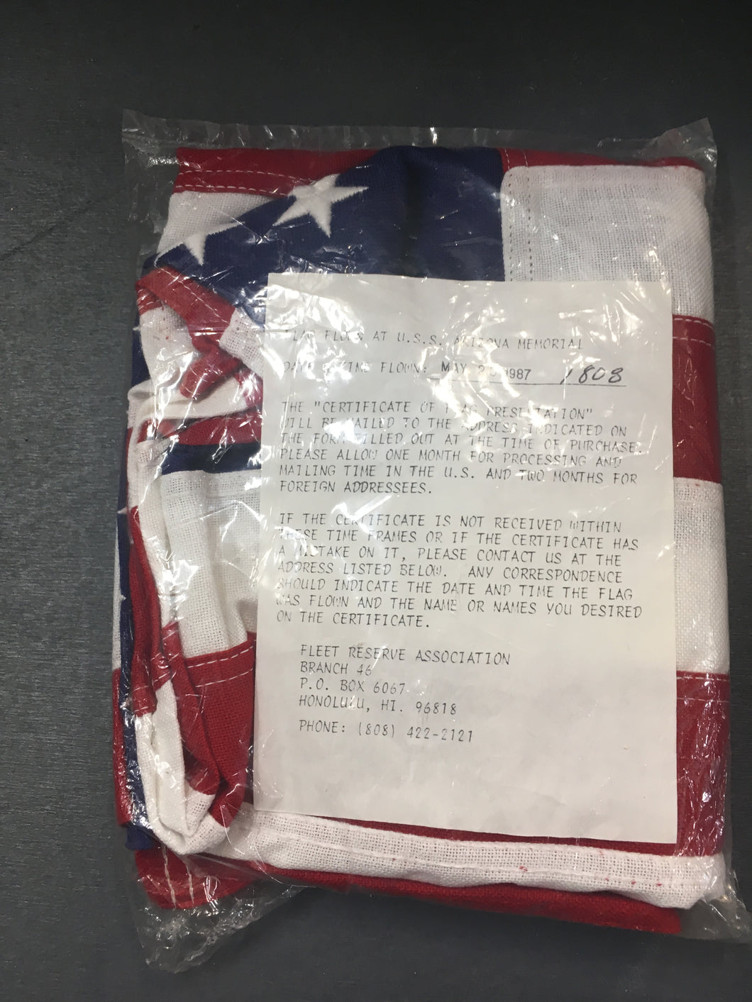 Unique ~ United States American Flag Flown Over The U.S.S. Arizona Memorial May 25 1987 at 1808 Hours