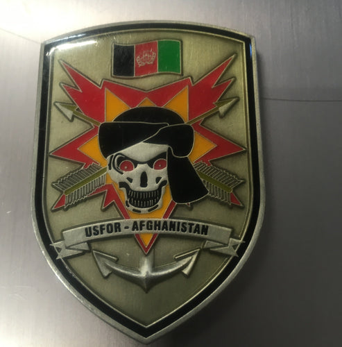 front view image of a shield shaped challenge coin