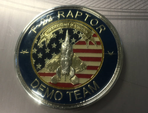 front image of the f-22 raptor demo team challenge coin